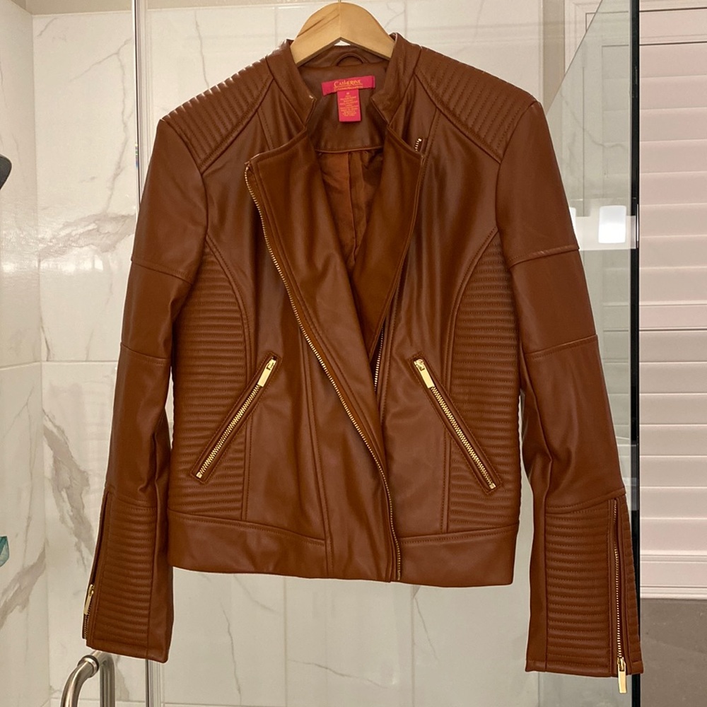 Catherine MaLandrino faux leather moto jacket with gold zippers